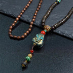Fortune Jewel Tibetan Handmade Wenge Wood Protection Dzi Bead Elephant Head Necklace Pendant