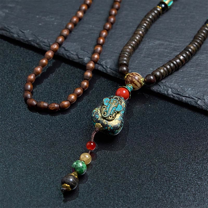 Fortune Jewel Tibetan Handmade Wenge Wood Protection Dzi Bead Elephant Head Necklace Pendant