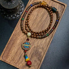 Fortune Jewel Tibetan Handmade Coconut Shell Schima Wood Great Bright Mantra Copper Bead Balance Necklace Pendant