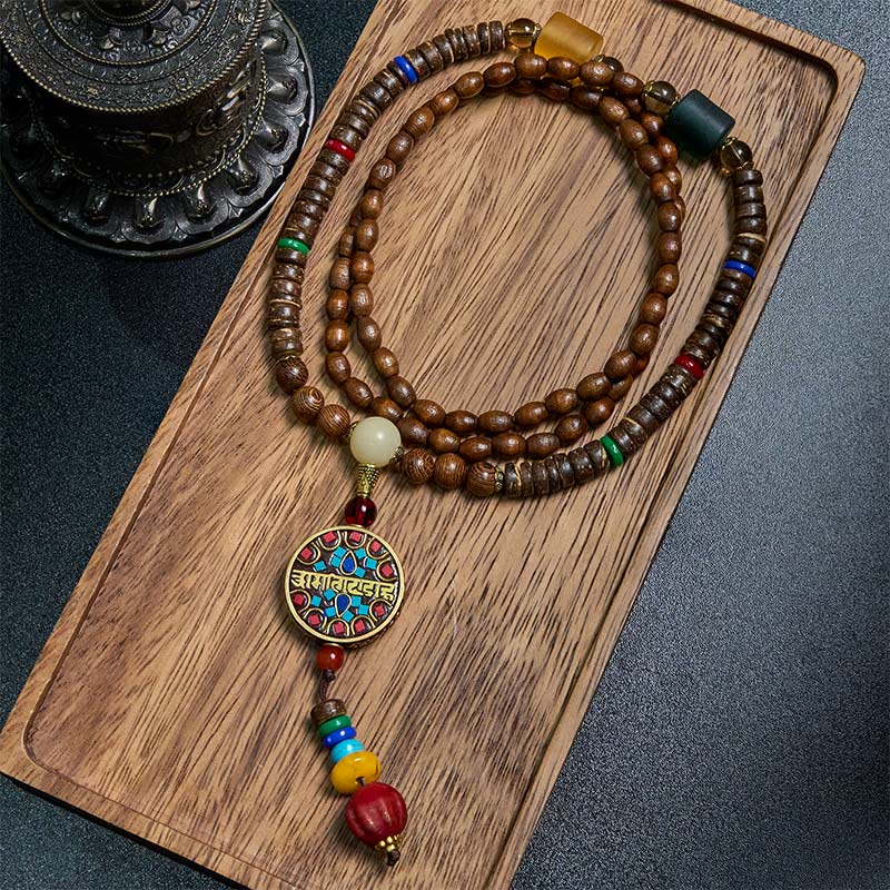 Fortune Jewel Tibetan Handmade Coconut Shell Schima Wood Great Bright Mantra Copper Bead Balance Necklace Pendant