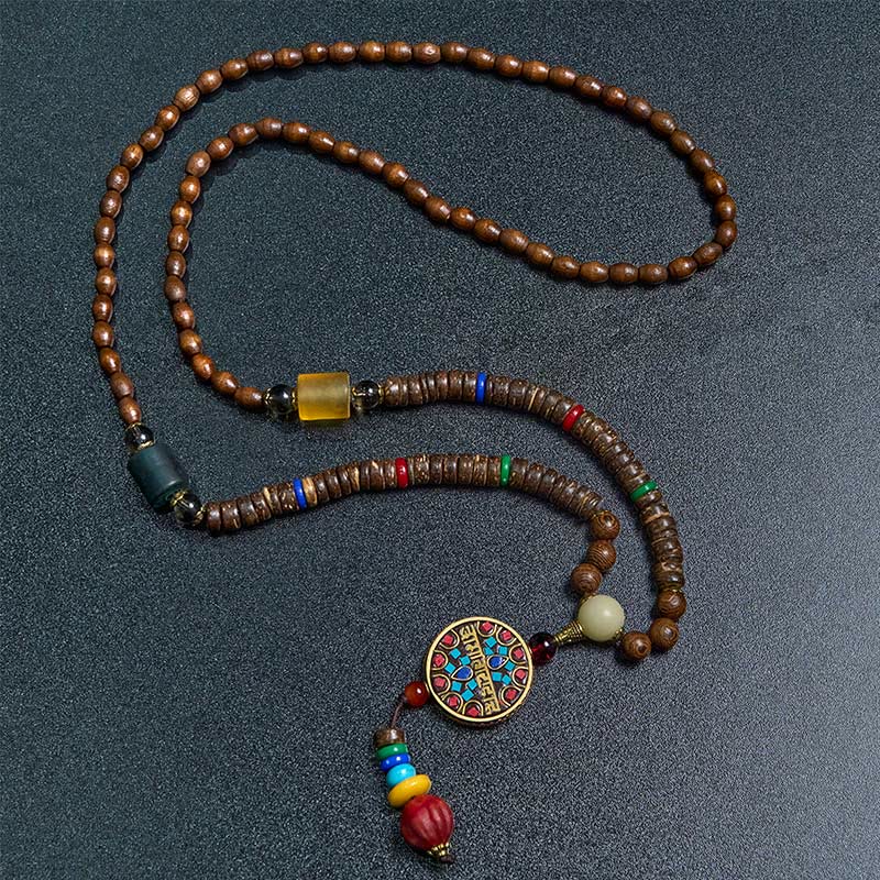 Fortune Jewel Tibetan Handmade Coconut Shell Schima Wood Great Bright Mantra Copper Bead Balance Necklace Pendant