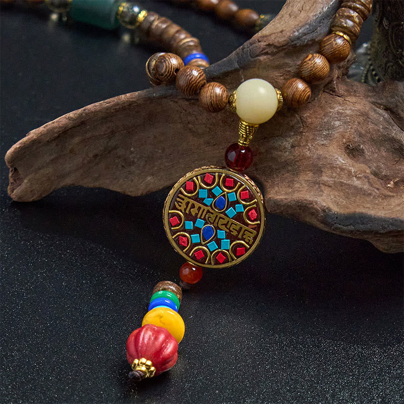 Fortune Jewel Tibetan Handmade Coconut Shell Schima Wood Great Bright Mantra Copper Bead Balance Necklace Pendant