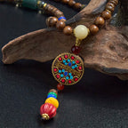 Fortune Jewel Tibetan Handmade Coconut Shell Schima Wood Great Bright Mantra Copper Bead Balance Necklace Pendant