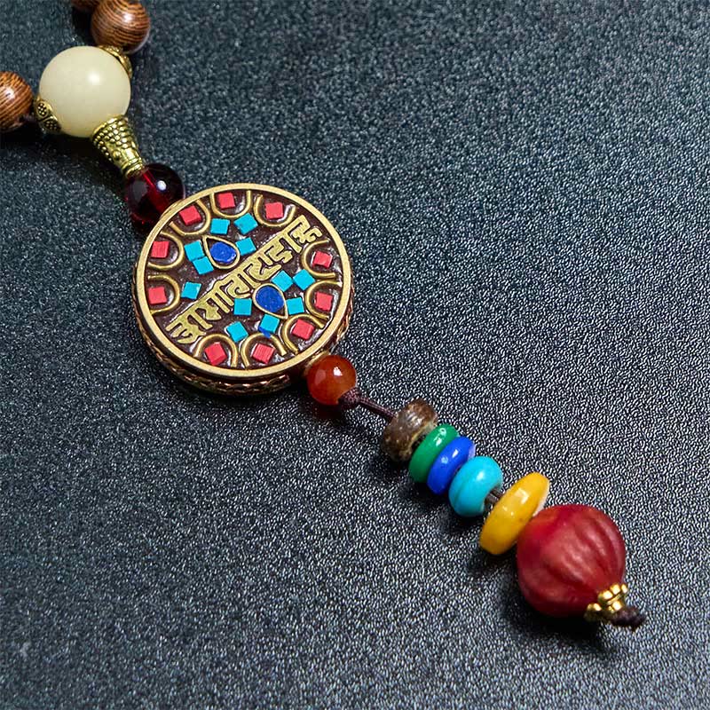 Fortune Jewel Tibetan Handmade Coconut Shell Schima Wood Great Bright Mantra Copper Bead Balance Necklace Pendant