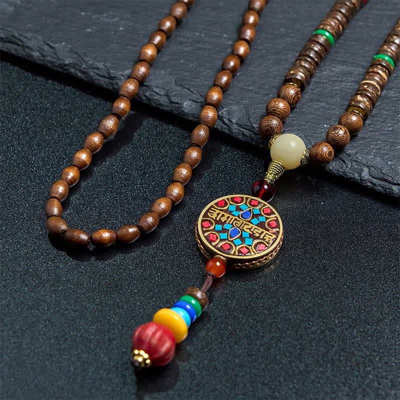 Fortune Jewel Tibetan Handmade Coconut Shell Schima Wood Great Bright Mantra Copper Bead Balance Necklace Pendant