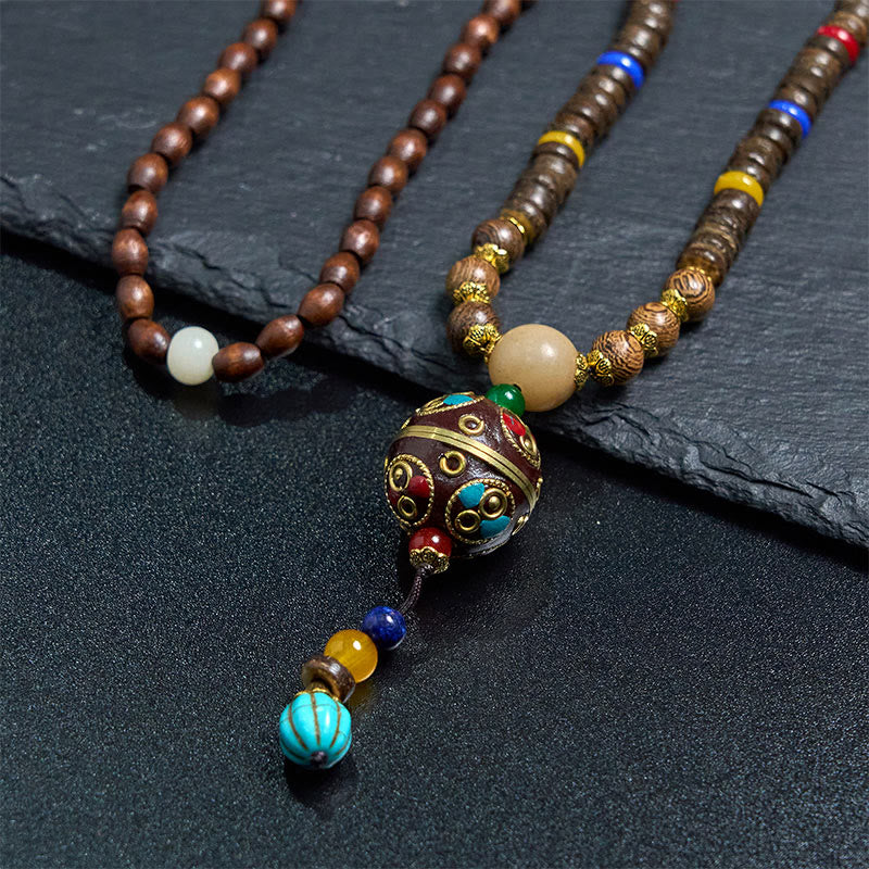 Fortune Jewel Tibetan Handmade Coconut Shell Schima Wood Great Bright Mantra Copper Bead Balance Necklace Pendant