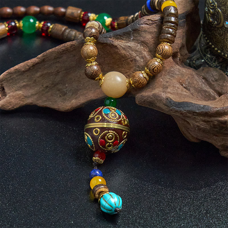 Fortune Jewel Tibetan Handmade Coconut Shell Schima Wood Great Bright Mantra Copper Bead Balance Necklace Pendant