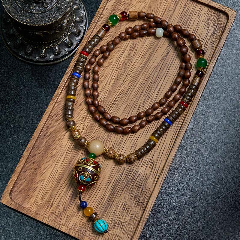 Fortune Jewel Tibetan Handmade Coconut Shell Schima Wood Great Bright Mantra Copper Bead Balance Necklace Pendant