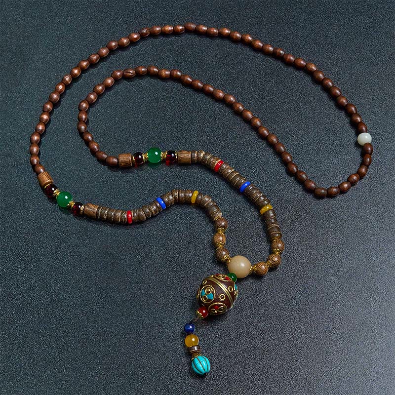 Fortune Jewel Tibetan Handmade Coconut Shell Schima Wood Great Bright Mantra Copper Bead Balance Necklace Pendant