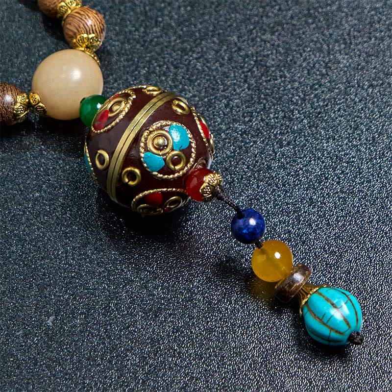 Fortune Jewel Tibetan Handmade Coconut Shell Schima Wood Great Bright Mantra Copper Bead Balance Necklace Pendant