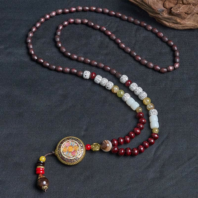 Fortune Jewel Tibetan Handmade Wood Beads Om Mani Padme Hum Samantabhadra Bodhisattva Purity Necklace Pendant