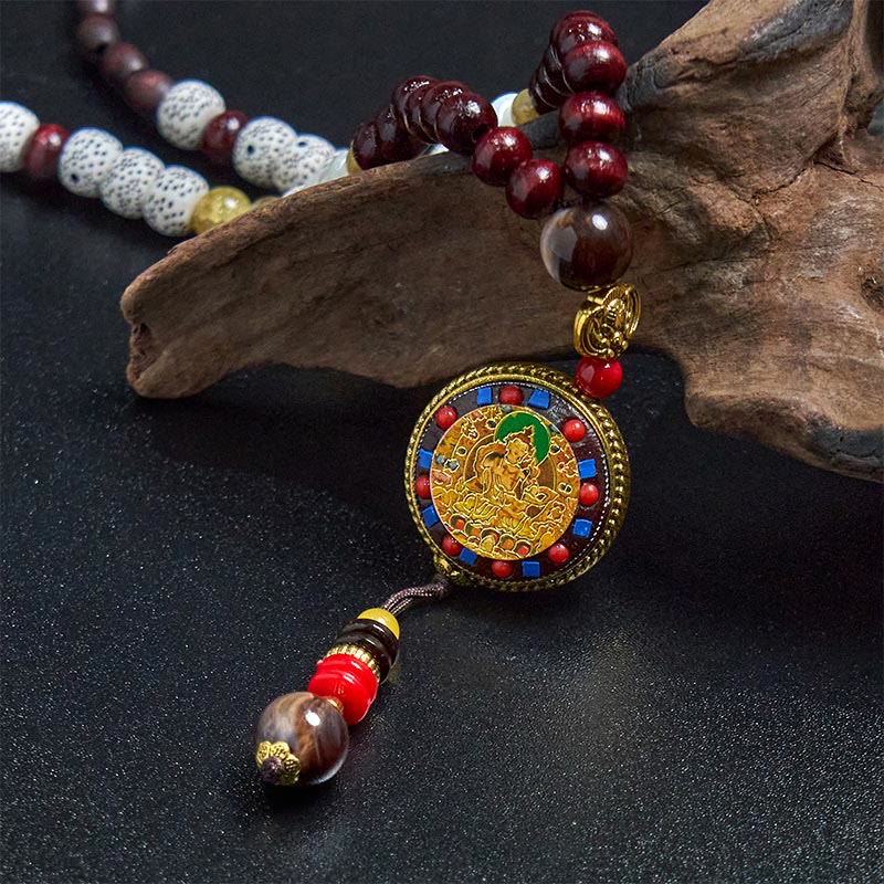 Fortune Jewel Tibetan Handmade Wood Beads Om Mani Padme Hum Samantabhadra Bodhisattva Purity Necklace Pendant