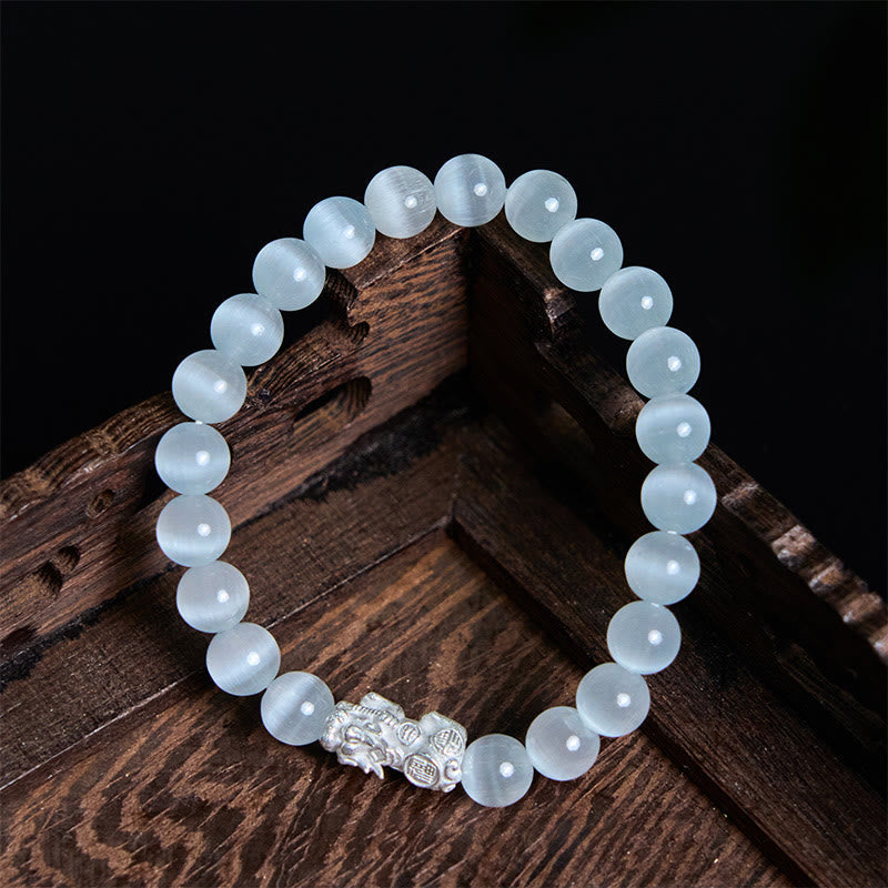 Fortune Jewel Natural Cat's Eye Beads 990 Sterling Silver Pixiu Positive Bracelet