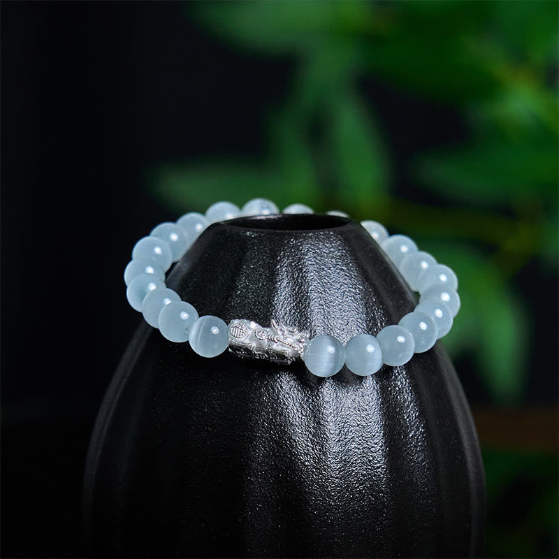 Fortune Jewel Natural Cat's Eye Beads 990 Sterling Silver Pixiu Positive Bracelet