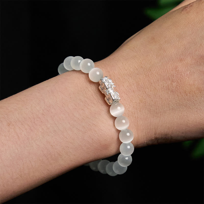 Fortune Jewel Natural Cat's Eye Beads 990 Sterling Silver Pixiu Positive Bracelet