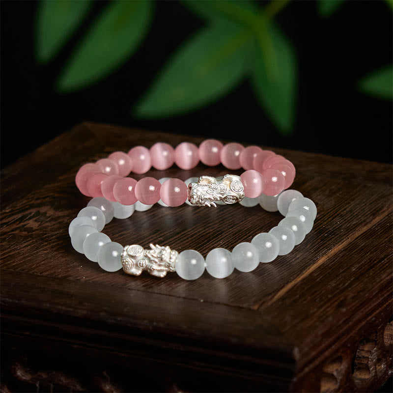Fortune Jewel Natural Cat's Eye Beads 990 Sterling Silver Pixiu Positive Bracelet