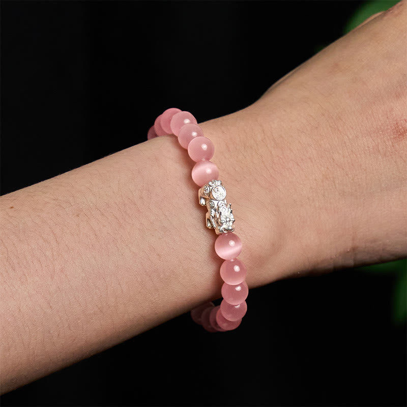 Fortune Jewel Natural Cat's Eye Beads 990 Sterling Silver Pixiu Positive Bracelet