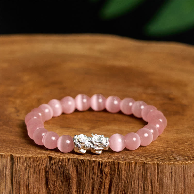 Fortune Jewel Natural Cat's Eye Beads 990 Sterling Silver Pixiu Positive Bracelet