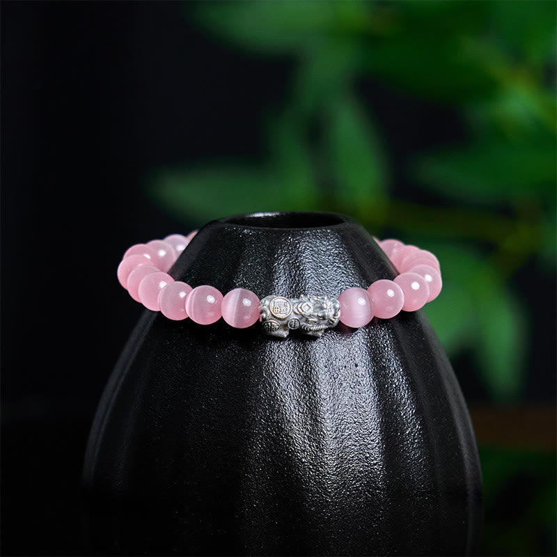 Fortune Jewel Natural Cat's Eye Beads 990 Sterling Silver Pixiu Positive Bracelet