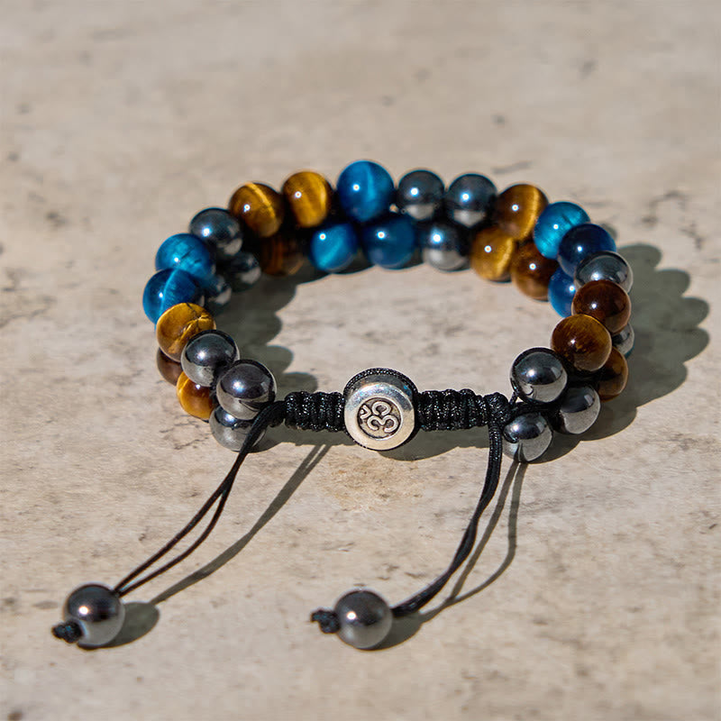 Fortune Jewel Natural Blue Tiger Eye Black Magnetite Om Pattern Double Row Beads Strength Bracelet