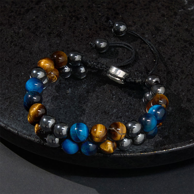 Fortune Jewel Natural Blue Tiger Eye Black Magnetite Om Pattern Double Row Beads Strength Bracelet