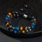 Fortune Jewel Natural Blue Tiger Eye Black Magnetite Om Pattern Double Row Beads Strength Bracelet