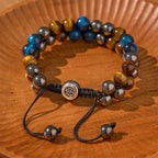 Fortune Jewel Natural Blue Tiger Eye Black Magnetite Om Pattern Double Row Beads Strength Bracelet