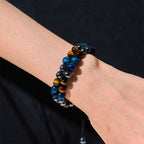Fortune Jewel Natural Blue Tiger Eye Black Magnetite Om Pattern Double Row Beads Strength Bracelet