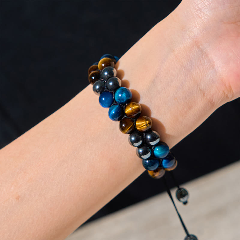 Fortune Jewel Natural Blue Tiger Eye Black Magnetite Om Pattern Double Row Beads Strength Bracelet
