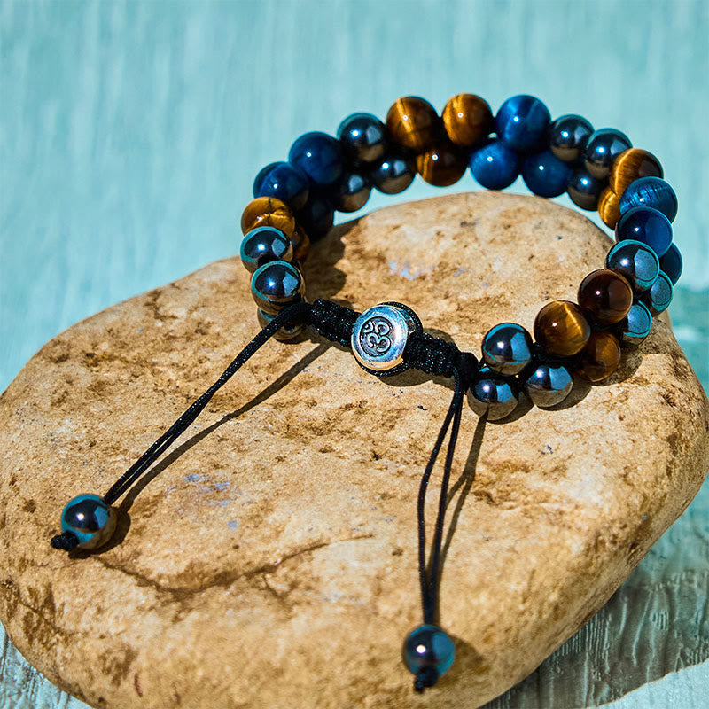 Fortune Jewel Natural Blue Tiger Eye Black Magnetite Om Pattern Double Row Beads Strength Bracelet
