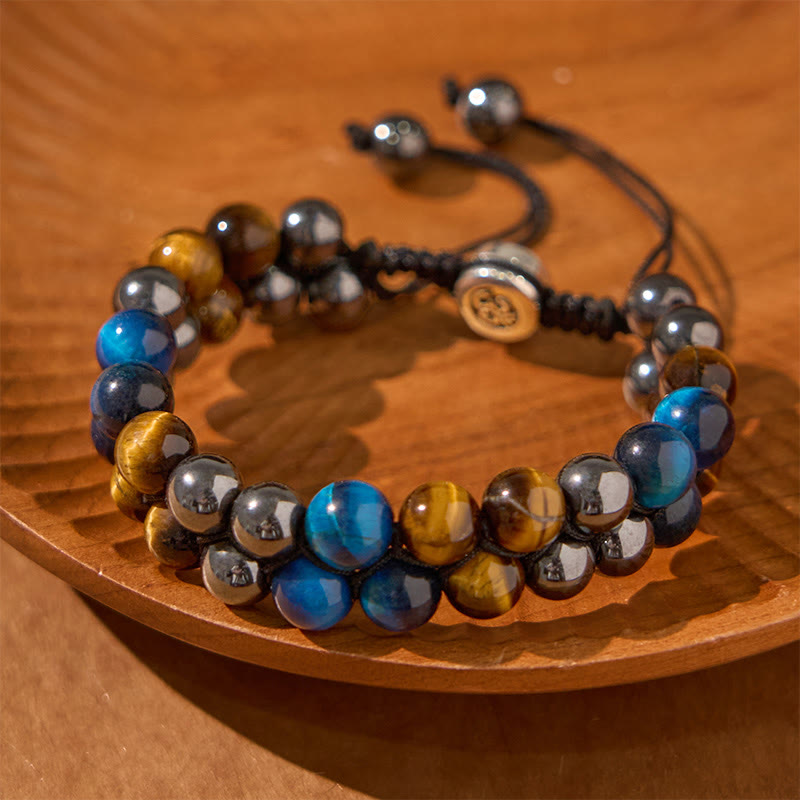 Fortune Jewel Natural Blue Tiger Eye Black Magnetite Om Pattern Double Row Beads Strength Bracelet