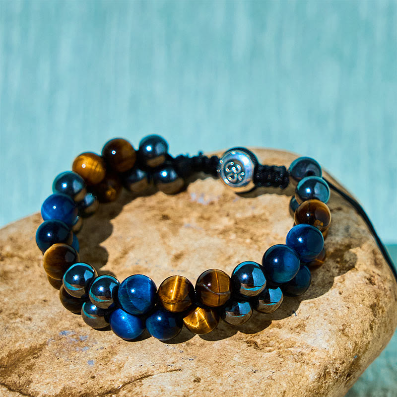 Fortune Jewel Natural Blue Tiger Eye Black Magnetite Om Pattern Double Row Beads Strength Bracelet