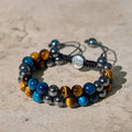 Fortune Jewel Natural Blue Tiger Eye Black Magnetite Om Pattern Double Row Beads Strength Bracelet