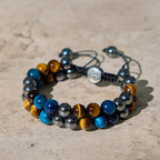 Fortune Jewel Natural Blue Tiger Eye Black Magnetite Om Pattern Double Row Beads Strength Bracelet