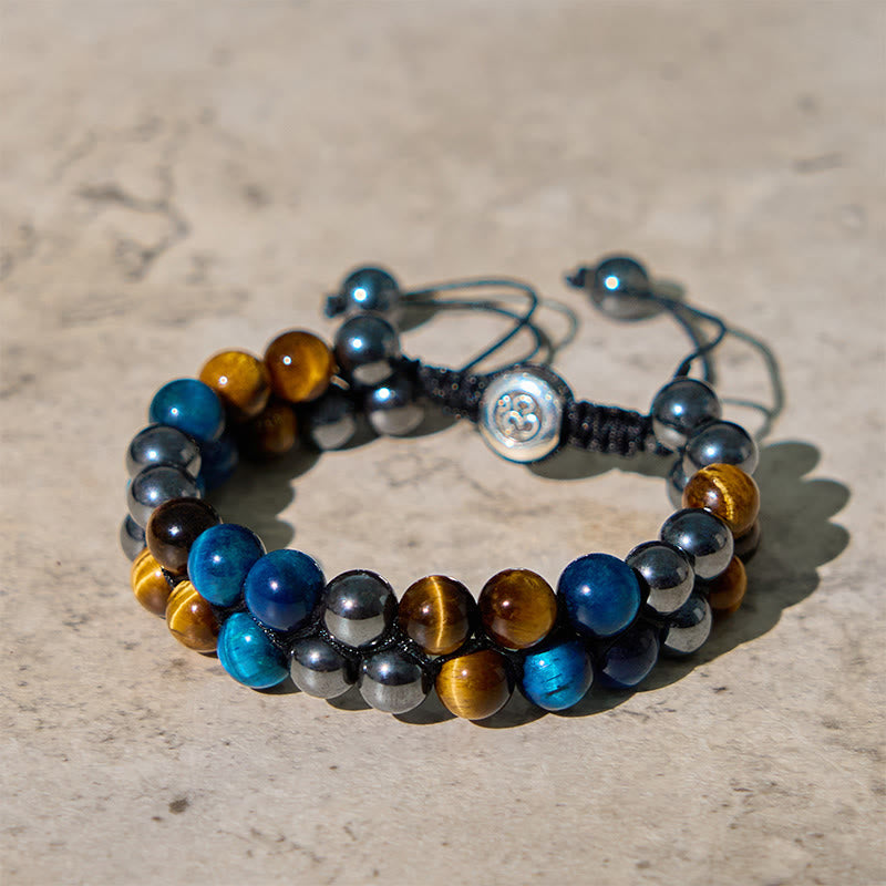 Fortune Jewel Natural Blue Tiger Eye Black Magnetite Om Pattern Double Row Beads Strength Bracelet