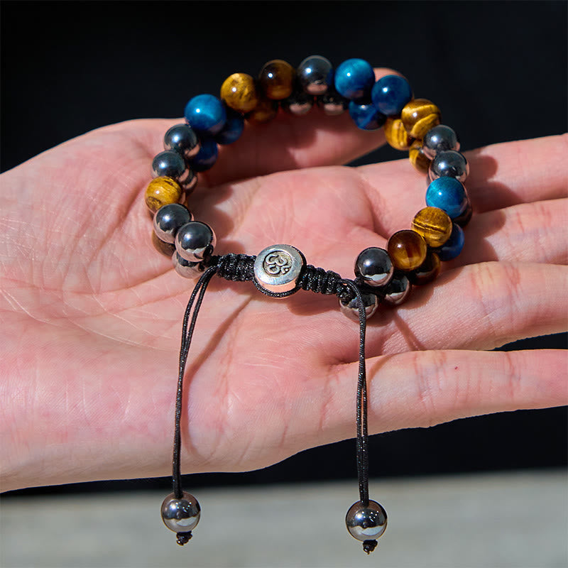 Fortune Jewel Natural Blue Tiger Eye Black Magnetite Om Pattern Double Row Beads Strength Bracelet