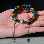 Fortune Jewel Natural Blue Tiger Eye Black Magnetite Om Pattern Double Row Beads Strength Bracelet