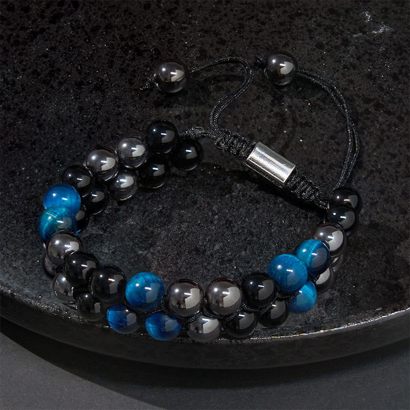 Fortune Jewel Natural Blue Tiger Eye Black Magnetite Black Obsidian Double Row Beads Protection Bracelet