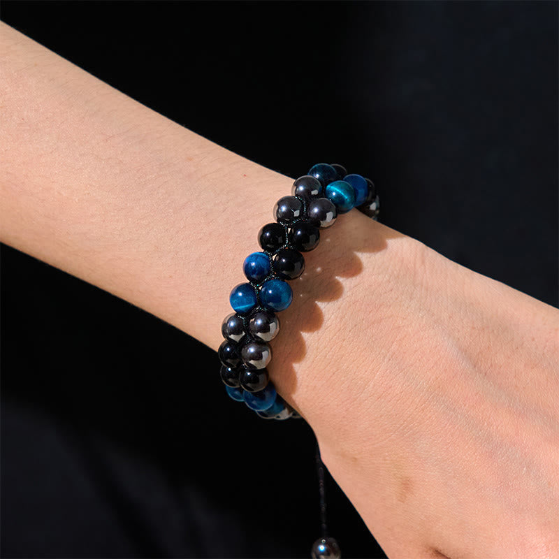Fortune Jewel Natural Blue Tiger Eye Black Magnetite Black Obsidian Double Row Beads Protection Bracelet