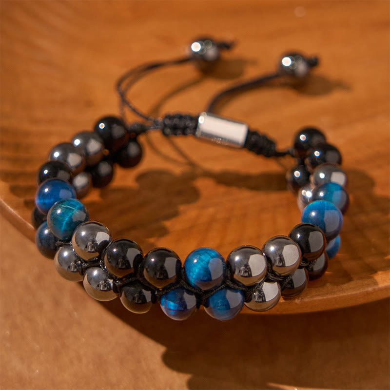 Fortune Jewel Natural Blue Tiger Eye Black Magnetite Black Obsidian Double Row Beads Protection Bracelet