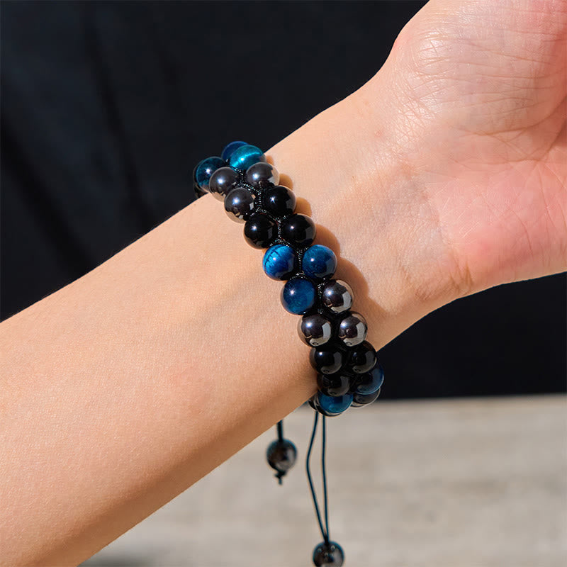 Fortune Jewel Natural Blue Tiger Eye Black Magnetite Black Obsidian Double Row Beads Protection Bracelet