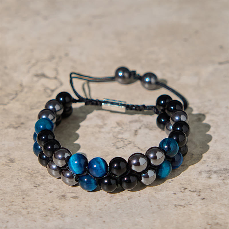 Fortune Jewel Natural Blue Tiger Eye Black Magnetite Black Obsidian Double Row Beads Protection Bracelet