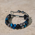 Fortune Jewel Natural Blue Tiger Eye Black Magnetite Black Obsidian Double Row Beads Protection Bracelet
