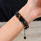 Fortune Jewel Natural Tiger Eye Black Magnetite Black Onyx Double Row Beads Protection Bracelet