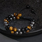 Fortune Jewel Natural Tiger Eye Black Magnetite Black Onyx Double Row Beads Protection Bracelet