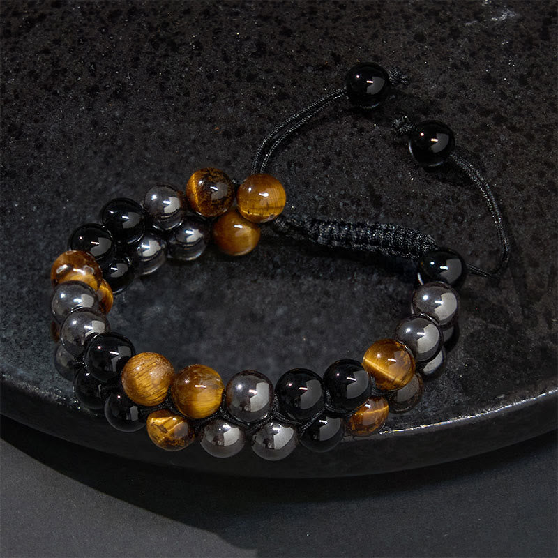 Fortune Jewel Natural Tiger Eye Black Magnetite Black Onyx Double Row Beads Protection Bracelet
