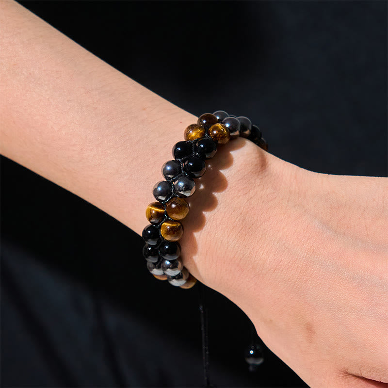 Fortune Jewel Natural Tiger Eye Black Magnetite Black Onyx Double Row Beads Protection Bracelet