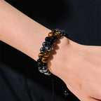 Fortune Jewel Natural Tiger Eye Black Magnetite Black Onyx Double Row Beads Protection Bracelet