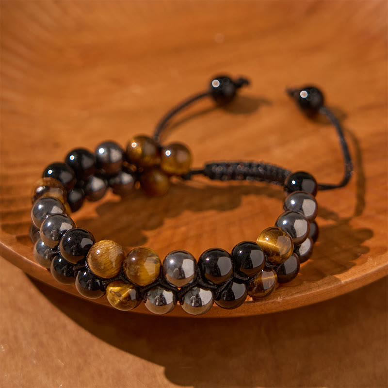 Fortune Jewel Natural Tiger Eye Black Magnetite Black Onyx Double Row Beads Protection Bracelet