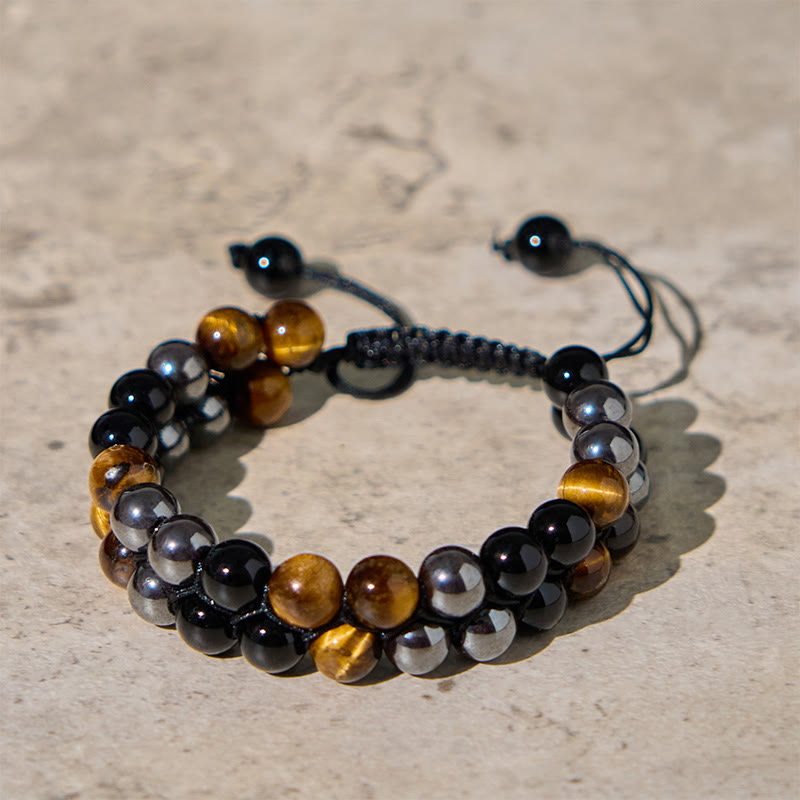 Fortune Jewel Natural Tiger Eye Black Magnetite Black Onyx Double Row Beads Protection Bracelet